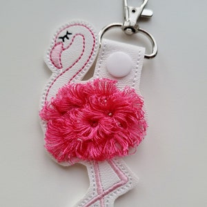 Fringed Flamingo key fob snap tab in the hoop machine embroidery designs pretty bird ITH project keyfob key tab keychain kids girl bag tag image 4