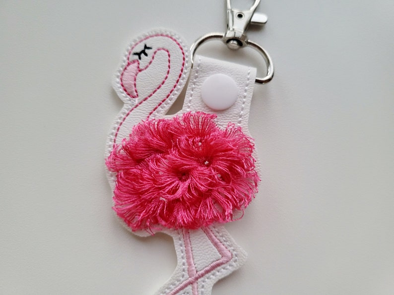 Fringed Flamingo key fob snap tab in the hoop machine embroidery designs pretty bird ITH project keyfob key tab keychain kids girl bag tag image 4