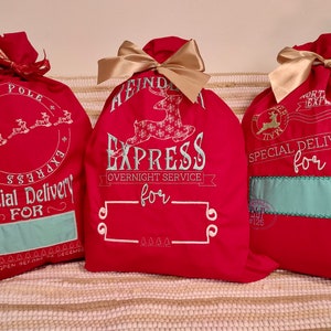 Nikolauspost Rentier Express Weihnachtssack Briefmarken Stickmuster Stickmotive 3 Arten verschiedene Größen 13x18, 6x10, 8x12 Weihnachtsgeschenk-Strumpf