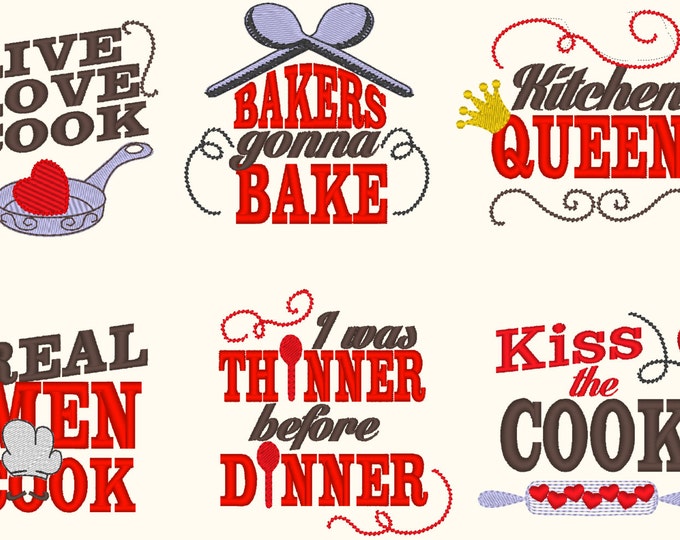 Kitchen cute quotes SET of 6 sayings machine embroidery designs for hoop 4x4 and 5x7 cooking apron dish towel kitchen towel embroidery