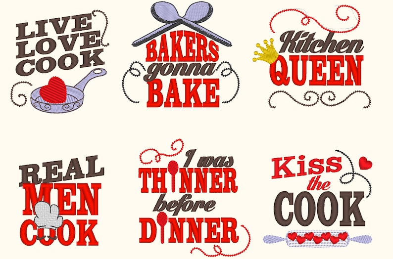 Kitchen cute quotes SET of 6 sayings machine embroidery designs for hoop 4x4 and 5x7 cooking apron dish towel kitchen towel embroidery image 1
