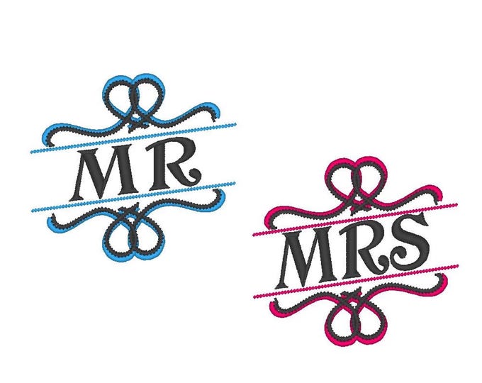 Mr and Mrs old-fashioned asymmetrical great for wedding gifts curl swirl Heart machine embroidery designs sizes for hoop 4x4, 5x7