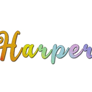 May include: The name "Harper" is written in a colourful, stylised font. The letters are a gradient of orange, yellow, green, blue, and purple.