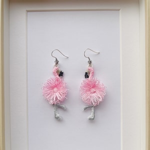 Cute Fluffy Flamingo earrings charm necklace pendant FSL freestanding lace machine embroidery designs kids girl pretty fringed flamingo bird
