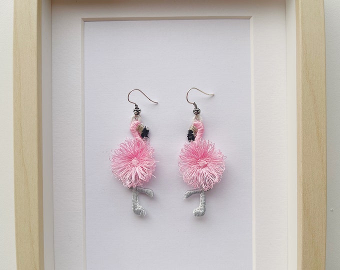 Cute Fluffy Flamingo earrings charm necklace pendant FSL freestanding lace machine embroidery designs kids girl pretty fringed flamingo bird