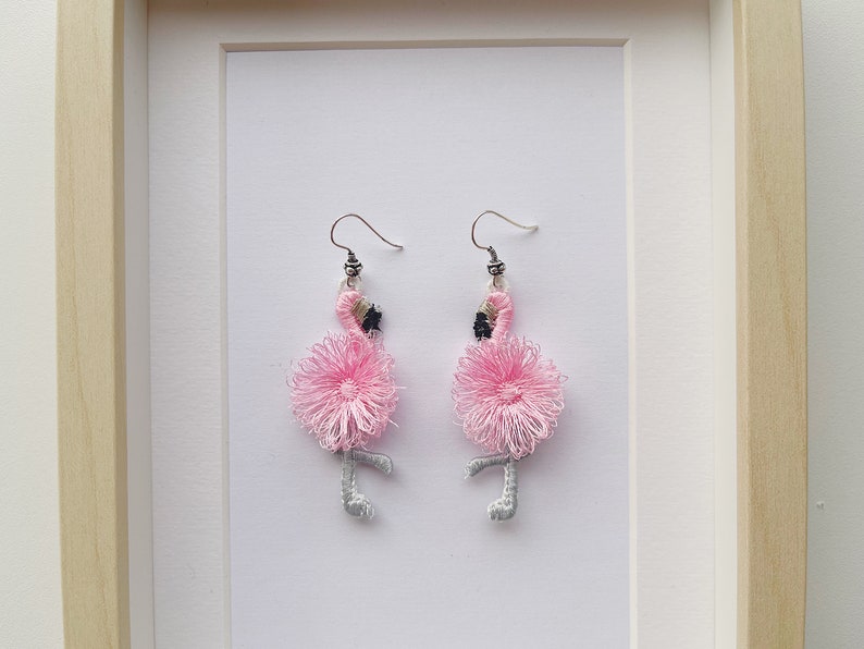 Cute Fluffy Flamingo earrings charm necklace pendant FSL freestanding lace machine embroidery designs kids girl pretty fringed flamingo bird by Artapli embroidery formats PES HUS JEF EXP DST VIP VP3 XXX instant download