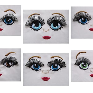 May include: Six embroidered eye patches with different colored eyes and eyelashes. The eyes are blue, brown, green, and turquoise. The eyelashes are black. The eyebrows are brown.