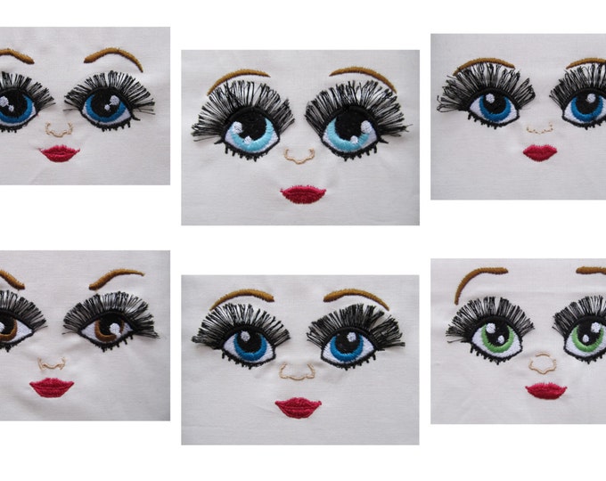 Many Fringed, fluffy, flare lashes dolls pretty face - 6 types big set toy doll making machine embroidery designs, faces and single elements