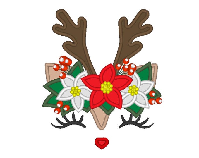 Christmas Deer head with floral crown Applique machine embroidery designs deer face kids girls design sizes for hoop 5x7 and 6x10