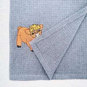 Cute Playing Little Highland Bull Calf baby Cow kitchen dish towel Farm animal machine embroidery designs ITH project simply in the hoop