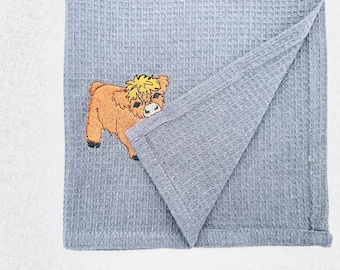 Cute Playing Little Highland Bull Calf baby Cow kitchen dish towel Farm animal machine embroidery designs ITH project simply in the hoop