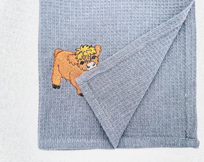 Cute Playing Little Highland Bull Calf baby Cow kitchen dish towel Farm animal machine embroidery designs ITH project simply in the hoop