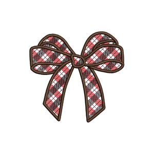 May include: A red and white plaid bow with brown edges. The bow is tied in a knot and the ends are hanging down.