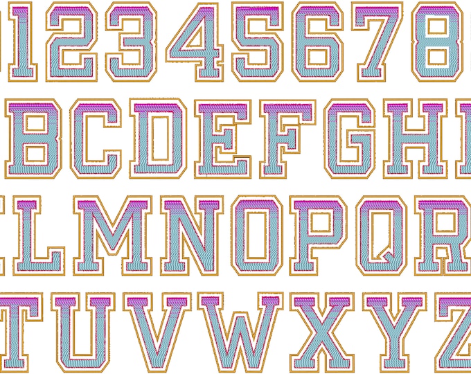 Rainbow Iridescent 2 Color Monogram varsity sport block FONT alphabet letters machine embroidery designs awesome gradient ombre, BX also