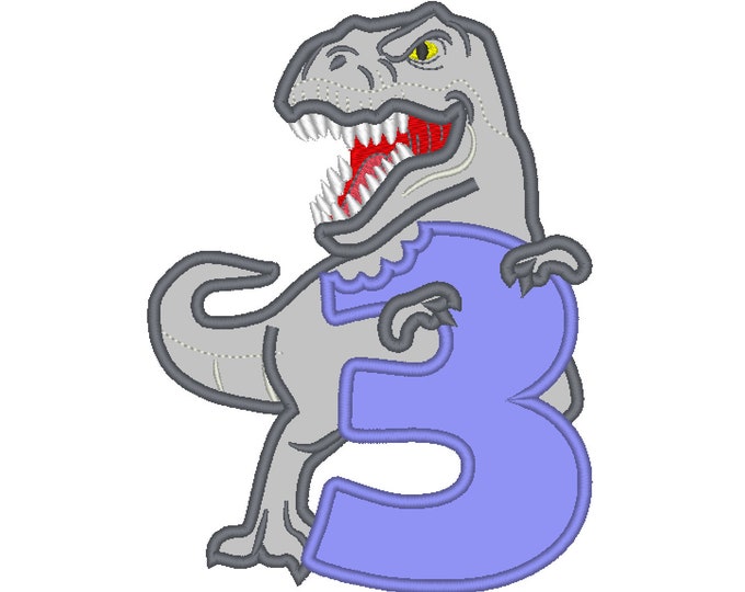 T-rex dinosaur Birthday number three 3 Birthday outfit machine embroidery designs, assorted sizes, for hoop 5x7, 6x10  INSTANT DOWNLOAD