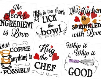 This kitchen is sprinkled with love SET of 6 designs - Kitchen cute quotes - machine embroidery designs - 4x4, 5x7  INSTANT DOWNLOAD