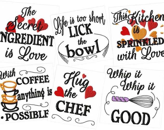 This kitchen is sprinkled with love SET of 6 designs - Kitchen cute quotes - machine embroidery designs - 4x4, 5x7  INSTANT DOWNLOAD