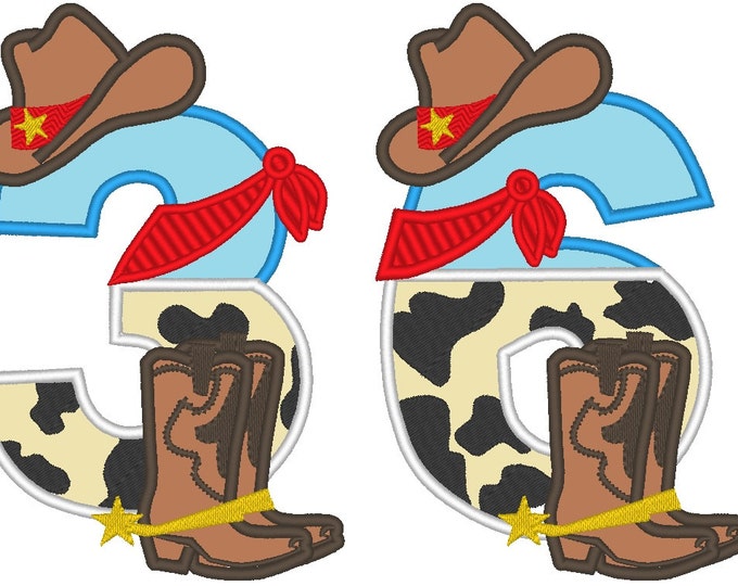 Cowboy Hat and Boots Birthday Numbers Applique machine embroidery designs SET of numbers 1-9 for hoop size 5x7 kids birthday party outfit