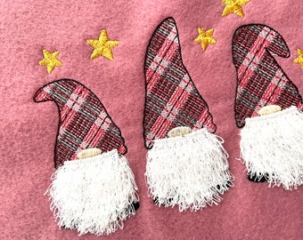Gingham Tartan hat three Gnomes in row with fringed fluffy beard chenille fringe ITH in the hoop machine embroidery designs Merry Christmas