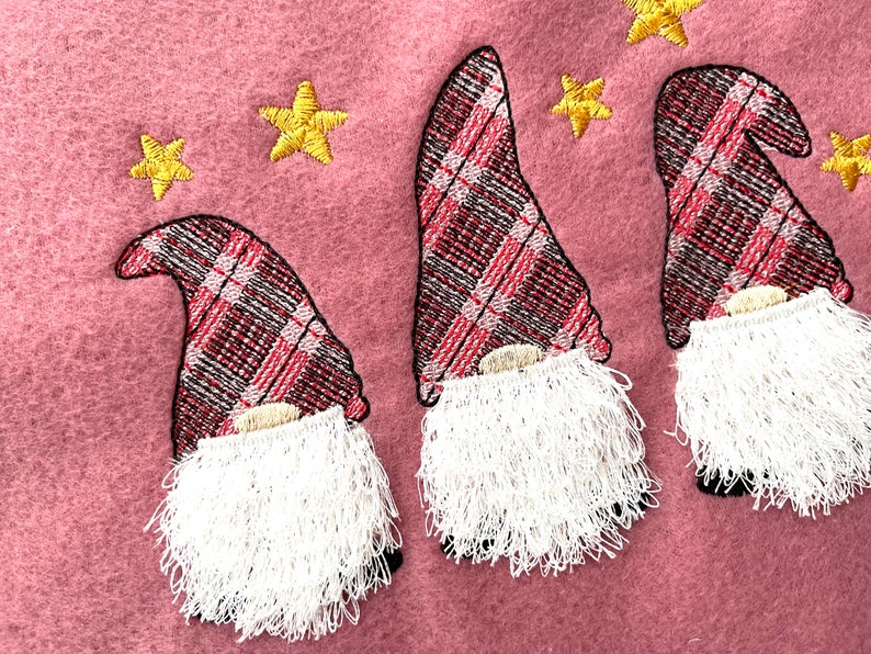 Gingham Tartan hat Gnome with fringed fluffy beard chenille fringe ITH in the hoop machine embroidery designs Merry Christmas three gnomes in a row trio by Artapli embroidery formats PES HUS JEF EXP DST VIP VP3 XXX instant download