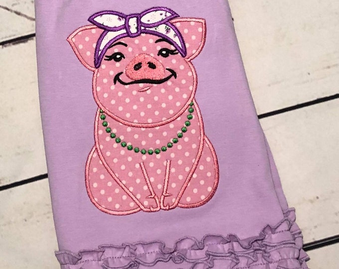 Piggie, pretty pig with bandanna, awesome pig girl petite piglet porker kids handkerchief applique machine embroidery designs 4, 5, 6, 7 in