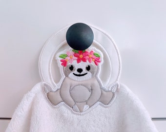 Sloth with flowers, Sloth floral crown towel hanging topper hole In The Hoop machine embroidery design, ITH project Towel topper, hanger