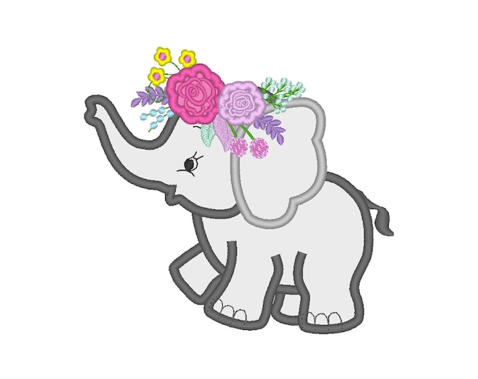 Roses crown Little Elephant Applique machine embroidery designs sizes for hoop 4x4  5x7  6x10 cute elephant baby girl Floral wreath crown