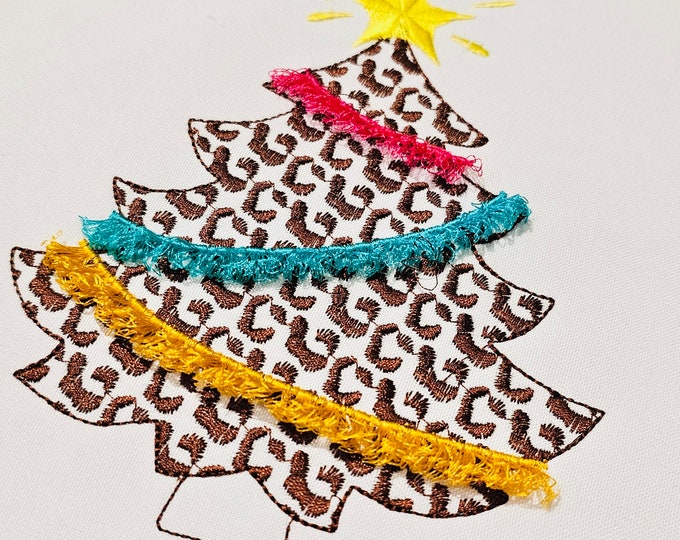 Leopard spots Christmas tree with fringed fluffy garland light stitch machine embroidery designs Extraordinary Spruce sizes 4, 5, 6, 7inches