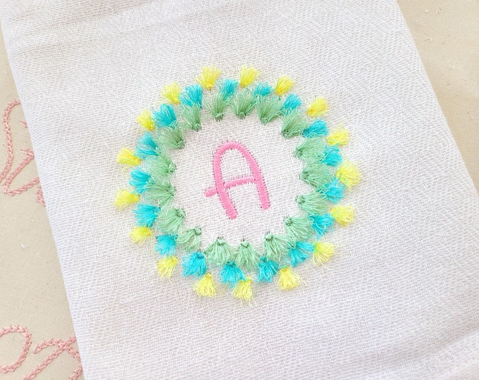 Summer monogram SET fringed tassel circle monogram frame & alphabet machine embroidery designs assorted sizes, kids initial gift idea, BX