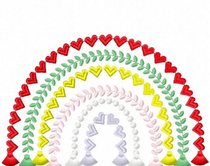Heart Rainbow fringed tassels machine embroidery designs in assorted sizes girly pretty Heart Rainbow bottom tassels for hoop 4x4 and 5x7