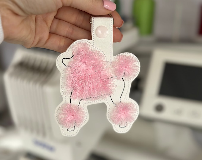 Fringed Poodle key fob snap tab Fluffy Poodle dog keychain in the hoop machine embroidery designs ITH project fluffy fuzzy puppy gift idea