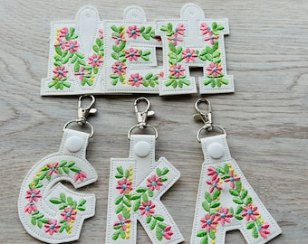 Floral mama summer mini flowers key fob snap tab and Eyelet keychain floral alphabet monogram ITH in the hoop machine embroidery designs