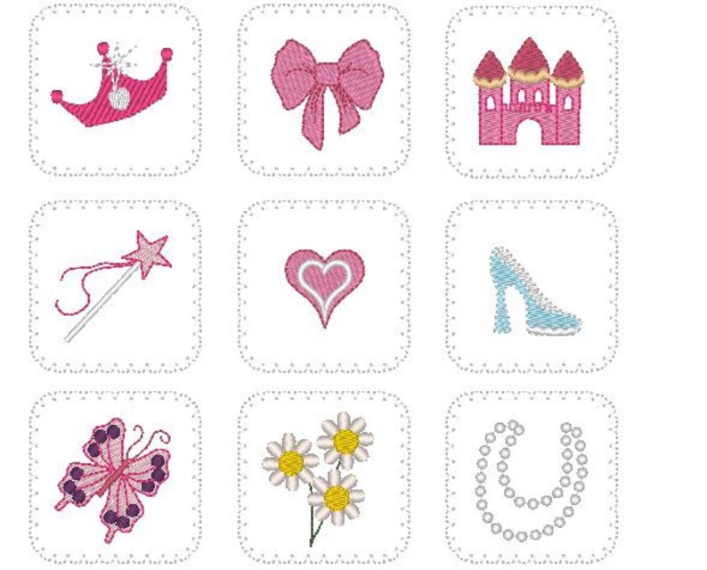 Jeu de mémoire Princesse motif de broderie machine ITH projet TÉLÉCHARGEMENT IMMÉDIAT pour filles 4 x 4, 5 x 7, 6 x 10 couronne, château, noeud image 3