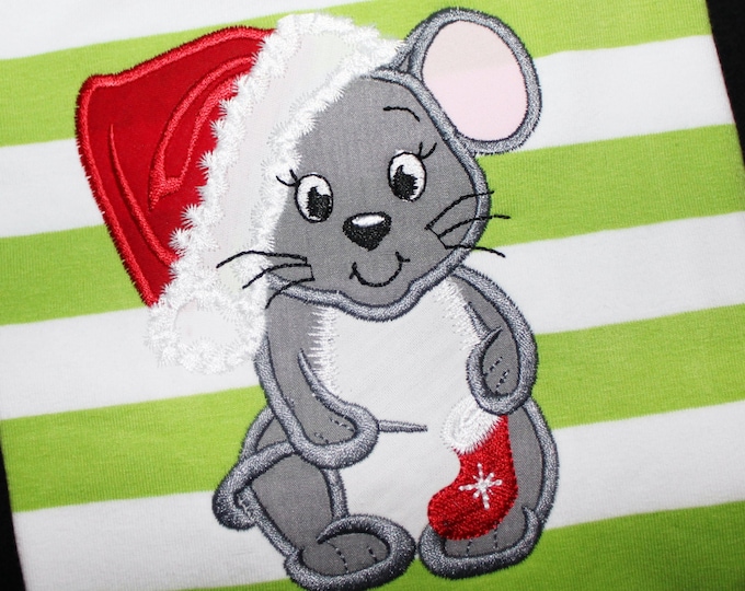 Little Santa mouse applique machine embroidery designs, applique files for hoop 4x4, 5x7 cute Christmas mouse with stocking kids baby design