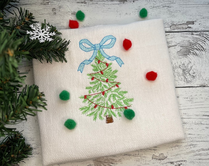 Vintage Baby bow Christmas tree Woodland Spruce Fir Tree and garland lights, light stitch outline machine embroidery designs 4, 5, 6, 7, 8in