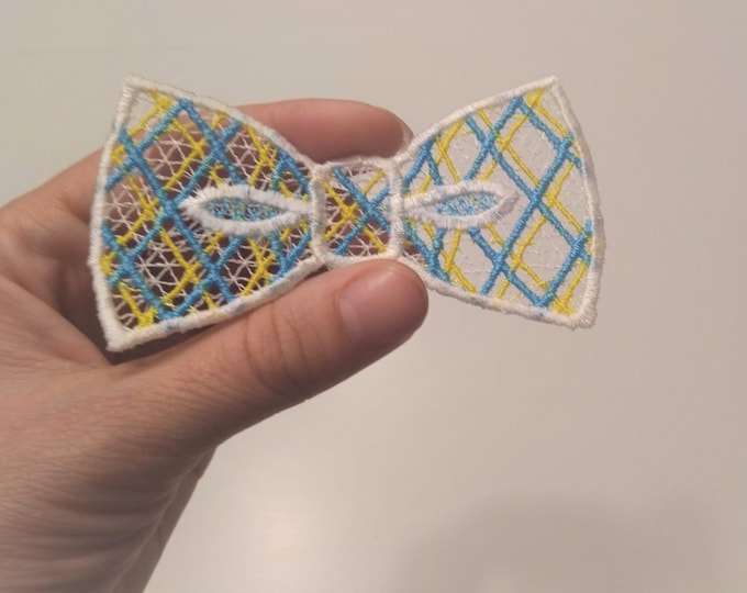 Checked  Lace little  boy bow tie  FSL, Free standing embroidery designs  4x4 and 5x7  water soluble stabilizer EMBROIDERY