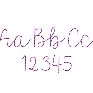 May include: Purple stitched cursive letters and numbers on a white background. The letters are Aa, Bb, and Cc. The numbers are 1, 2, 3, 4, and 5. The font is a delicate, handwritten style.