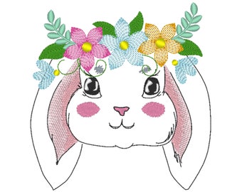 Light stitch floral crown Bunny head with flowers light stitch machine embroidery designs Easter bunny face