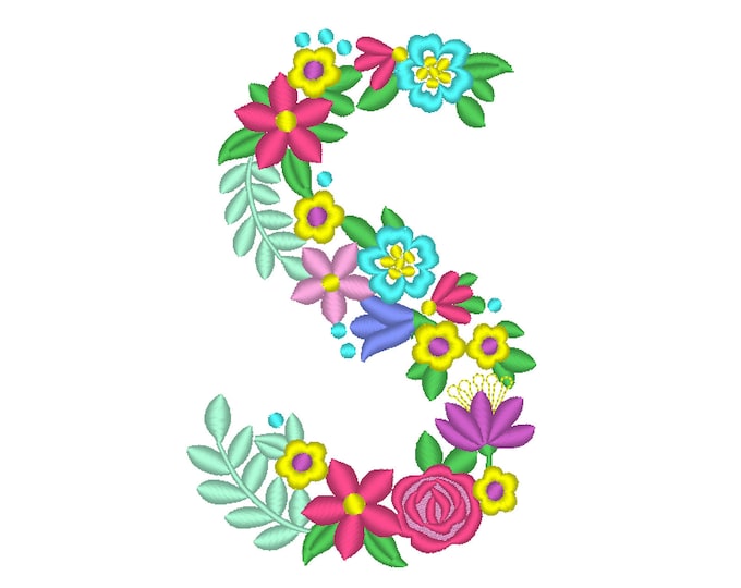 Floral letter S garden flag monogram liberty fashioned flowers flower Font machine embroidery designs monogram S only 4, 5, 6 and 8 in