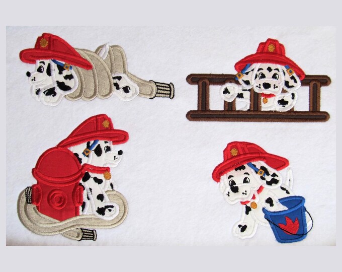 Dalmatian Fireman Puppy Set of 4 types rescue dog kids boys Applique machine embroidery designs sizes for hoop 4x4, 5x7 and 6x10