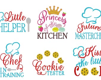 Kids apron kitchen awesome quotes SET of 6 in assorted sizes 4x4 and 5x7 machine embroidery designs Instant download little helper chef