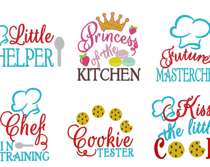 Kids apron kitchen awesome quotes SET of 6 in assorted sizes 4x4 and 5x7 machine embroidery designs Instant download little helper chef