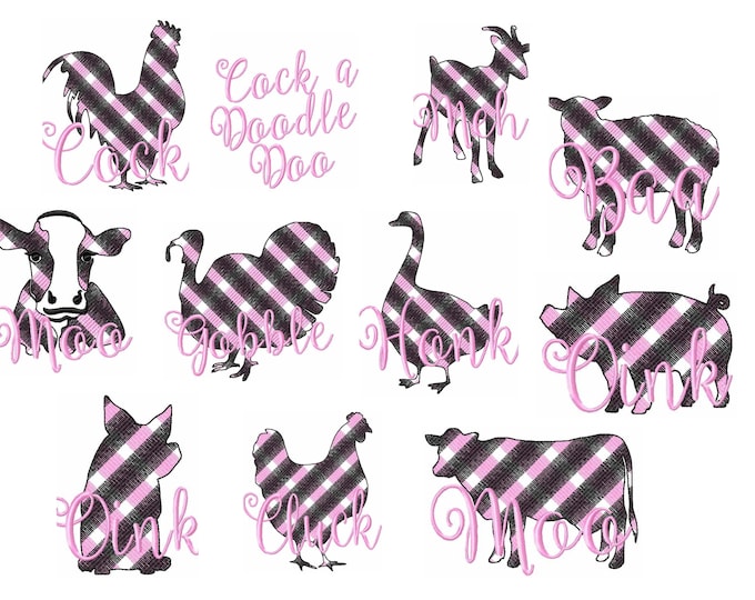 Farm Fresh  gingham Plaid, check, square, chequered, tartan light stitch farm animals set Kitchen quotes machine embroidery designs 4, 5, 6