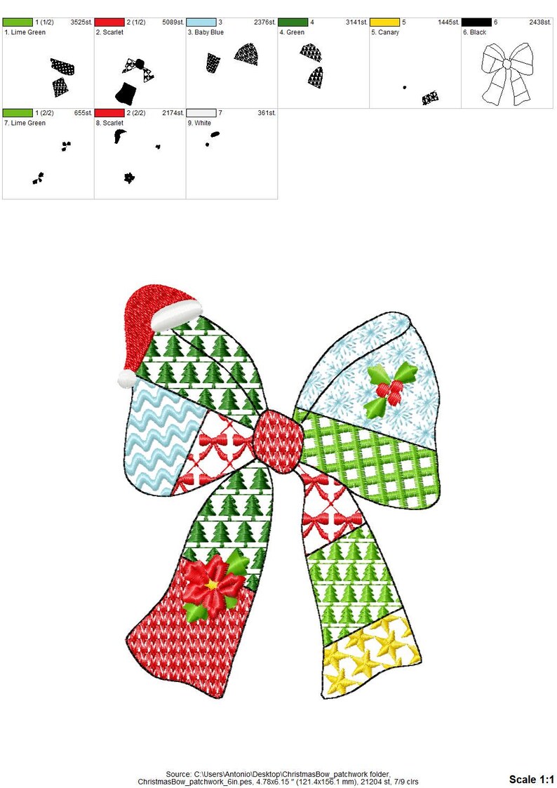 K&ouml;nnte beinhalten: Ein festliches Weihnachts-Schleifendesign mit Weihnachtsm&uuml;tze, mit Mustern wie Weihnachtsb&auml;umen, Schleifen und Stechpalmen. Die Schleife besteht aus roten, gr&uuml;nen, blauen und gelben Patches. Misst 121.4 x 156.1 mm.