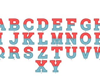 Puede incluir: Un alfabeto colorido con letras rojas y azules. Cada letra está dividida en dos, con la mitad superior roja y la mitad inferior azul.
