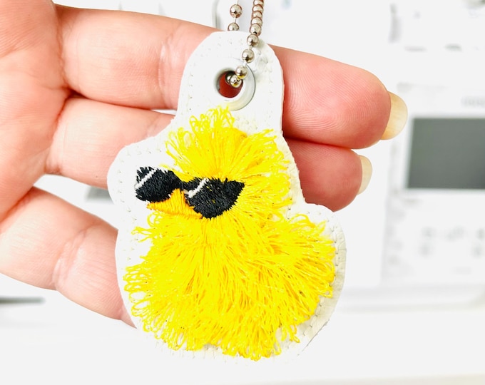 Cute Fluffy Rubber Duck Sunglasses fringed Eyelet and Key Fob Snap Tab in the hoop machine embroidery designs ITH kids keychain for hoop 4x4
