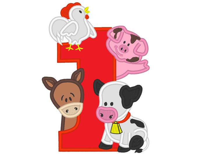 Farm birthday number ONE 1 with cow, pig, horse and rooster - cute farm theme machine embroidery applique design  5x7 6x10 assorted sizes