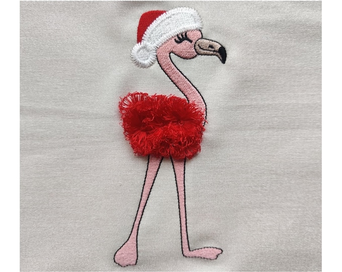 Christmas Flamingo Fluffy bird Santa hat Fringed hair fringe in the hoop ITH awesome machine embroidery designs in sizes 5, 6 and 7 inches