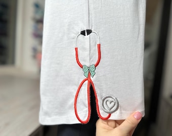 Therapist Medic Stethoscope split seam side bow Mini Bow machine embroidery designs Doctor outfit t-shirt sweatshirt design multiple sizes