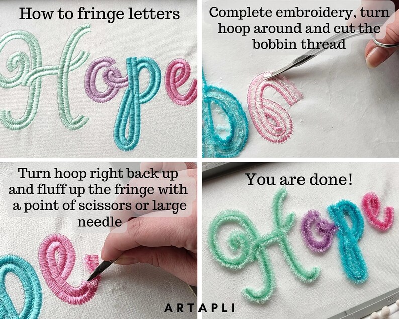 Peut inclure: Un guide &eacute;tape par &eacute;tape sur la fa&ccedil;on de franger des lettres brod&eacute;es. L'image montre le mot "Hope" brod&eacute; en fil turquoise, rose et vert. La premi&egrave;re image montre la broderie avant que la frange ne soit coup&eacute;e. La deuxi&egrave;me image montre la broderie apr&egrave;s que la frange ait &eacute;t&eacute; coup&eacute;e. La troisi&egrave;me image montre comment faire gonfler la frange avec des ciseaux. La derni&egrave;re image montre le produit fini avec la frange gonfl&eacute;e.